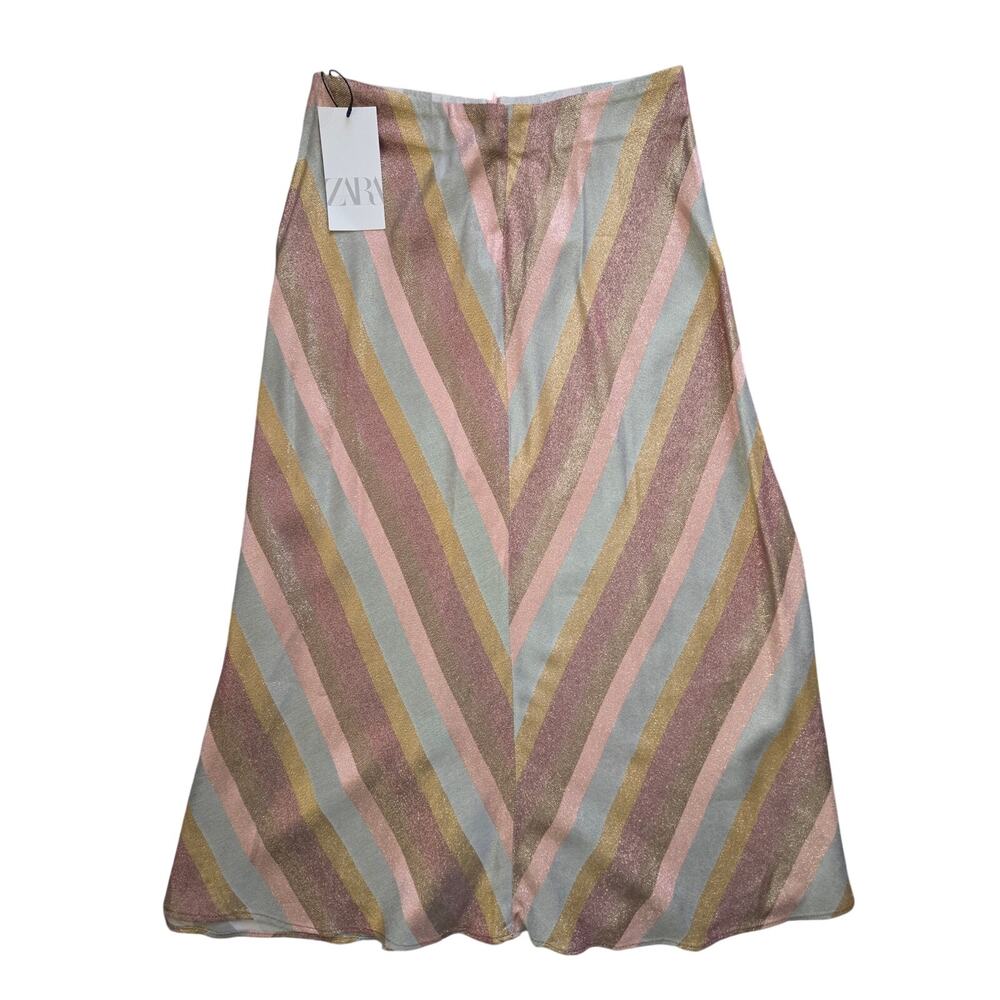 NWT Zara Gold Striped Glitter Metallic Thread Midi Skirt Party Retro Colorful